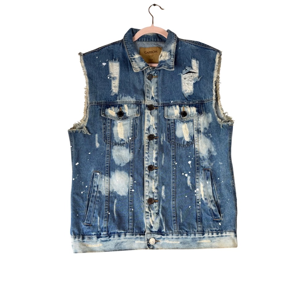 Carbon Mens Distressed Paint Splatter Denim Trucker Vest Blue Large RN70829